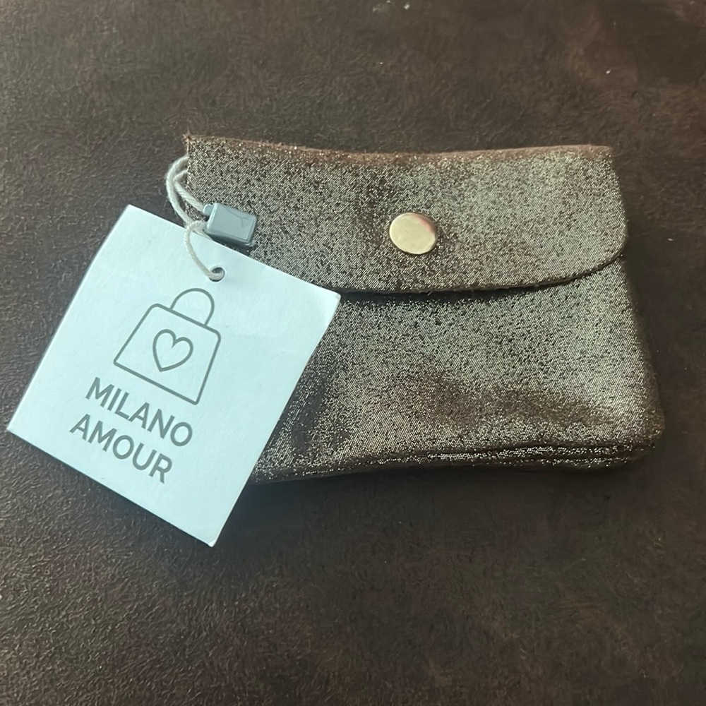 New with tag Milano Amour credit card coin purse.  Shimmer brown leather/suede